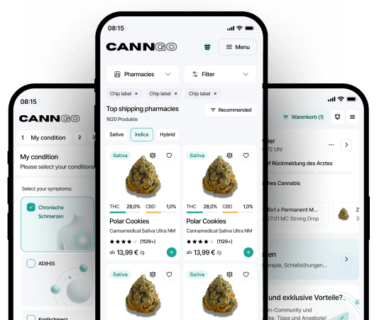 CannGo App mit Produktübersicht auf mehreren Smartphones